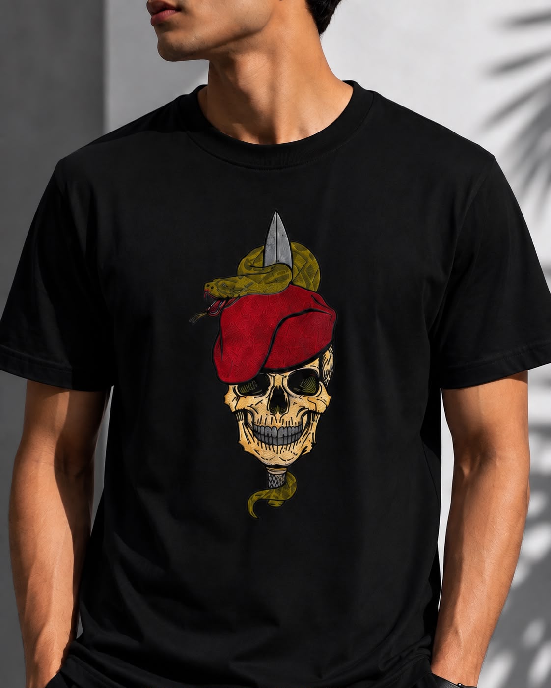 Black Skull & Serpent Graphic Embroidered T-Shirt for Men