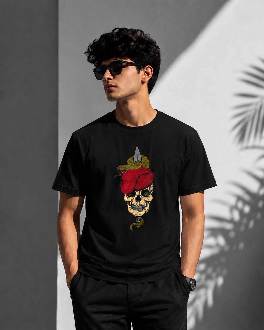Black Skull & Serpent Graphic Embroidered T-Shirt for Men