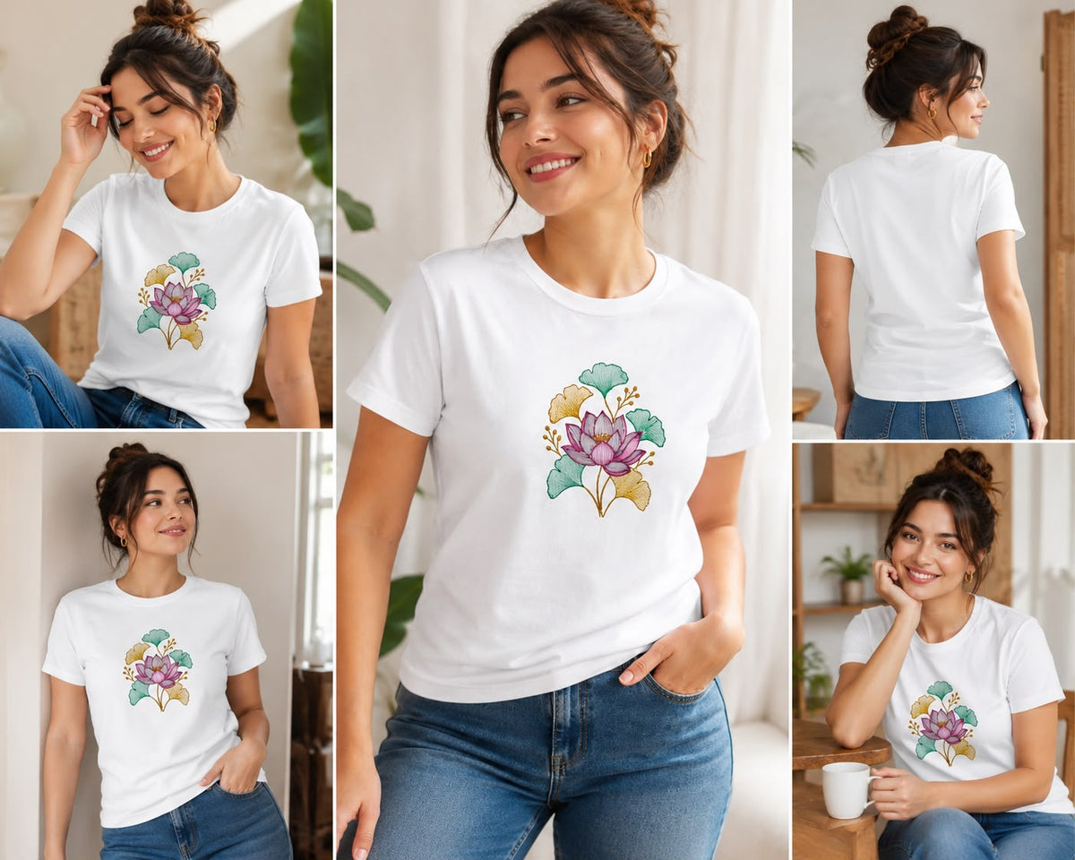 Black Cotton Regular Fit Lotus Flower Embroidered T-Shirt for Women