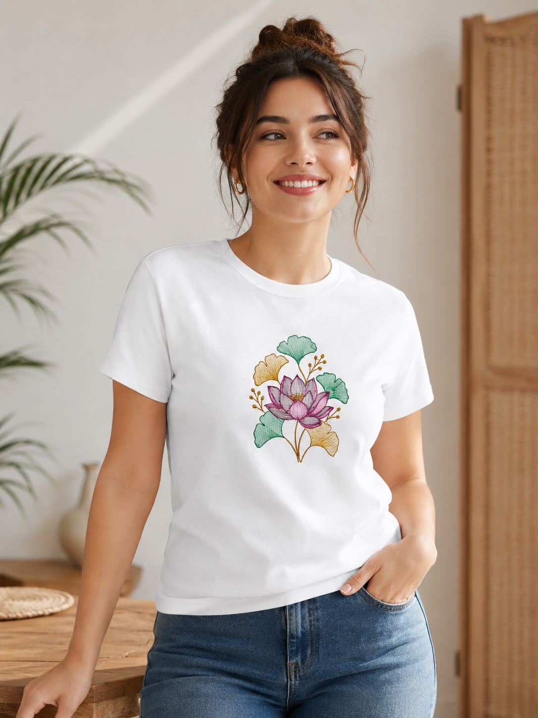 Black Cotton Regular Fit Lotus Flower Embroidered T-Shirt for Women