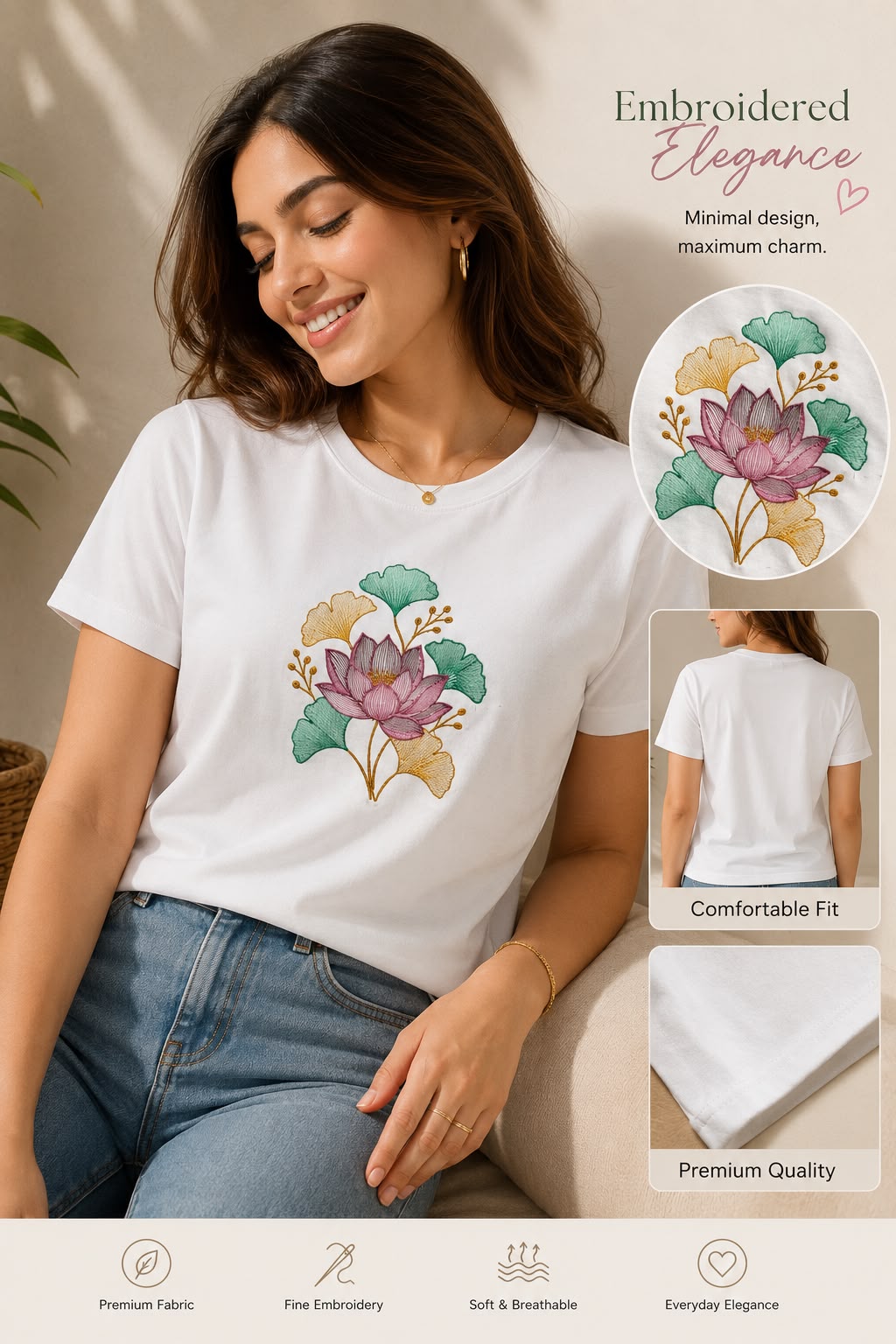 Black Cotton Regular Fit Lotus Flower Embroidered T-Shirt for Women