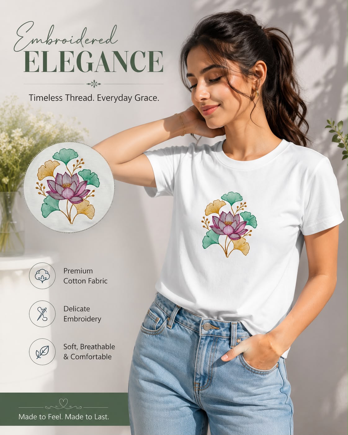 Black Cotton Regular Fit Lotus Flower Embroidered T-Shirt for Women
