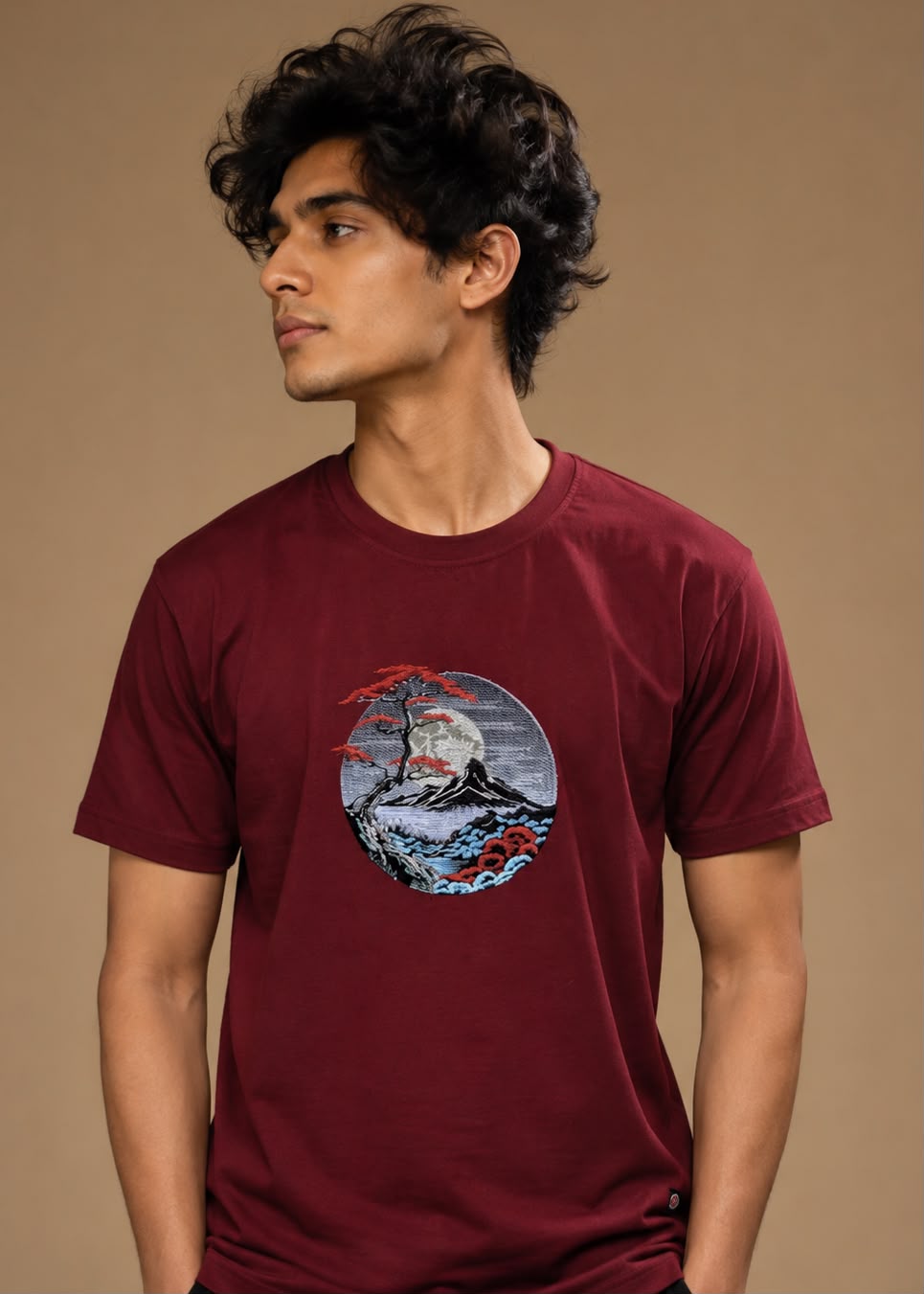 Black Cotton Regular Fit Japanese Mountain Embroidered T-Shirt for Men