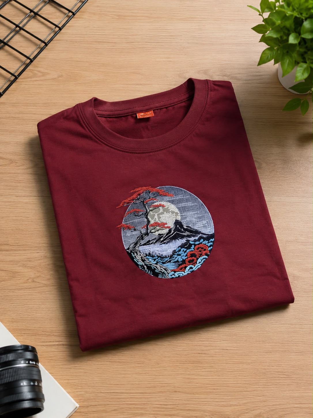 Black Cotton Regular Fit Japanese Mountain Embroidered T-Shirt for Men