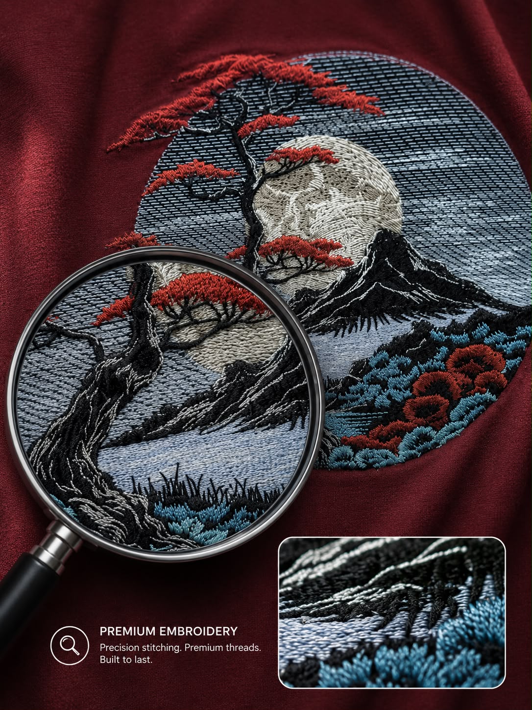 Black Cotton Regular Fit Japanese Mountain Embroidered T-Shirt for Men