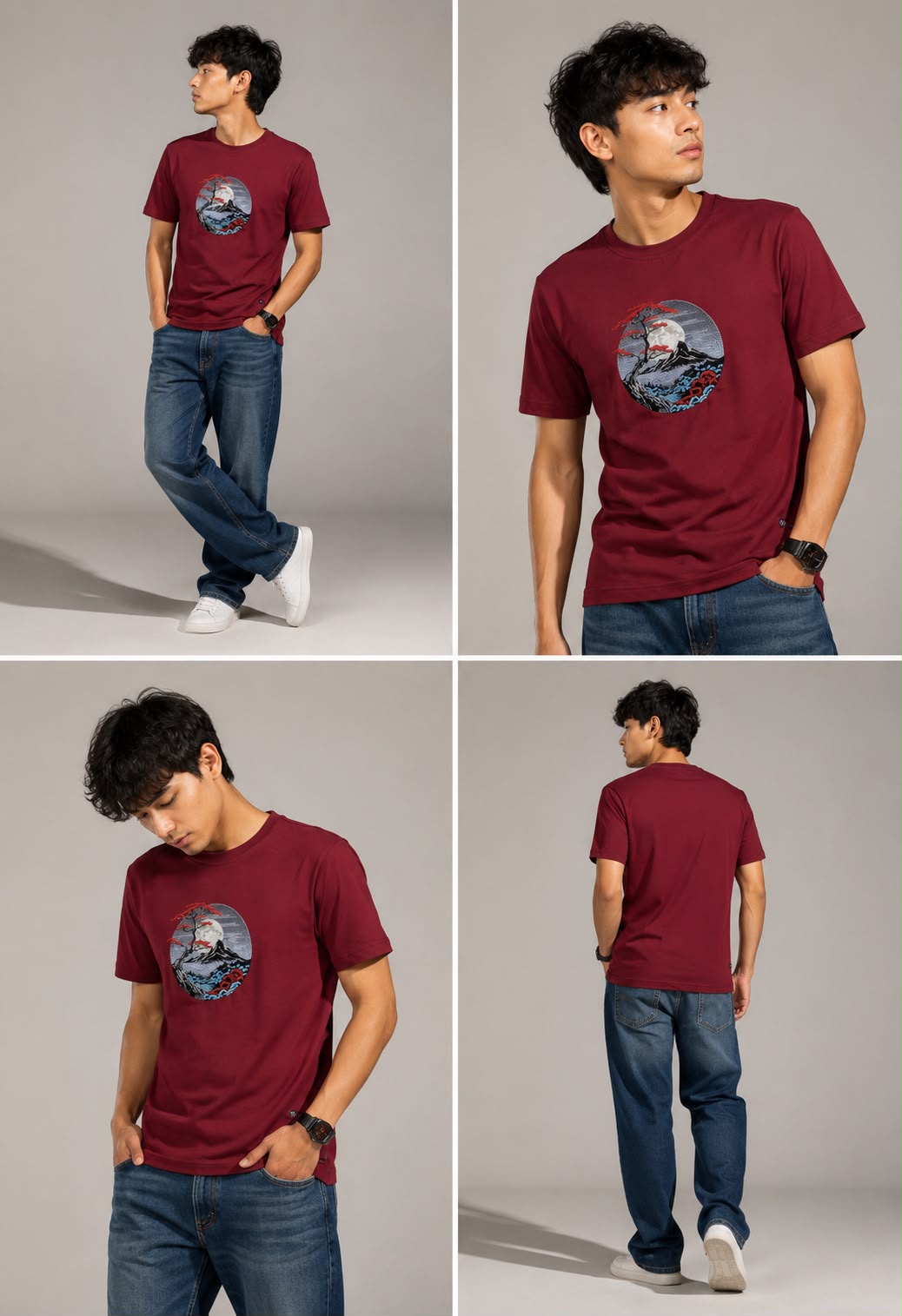 Black Cotton Regular Fit Japanese Mountain Embroidered T-Shirt for Men