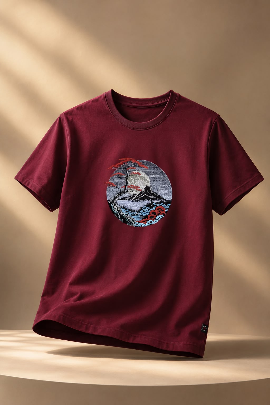 Black Cotton Regular Fit Japanese Mountain Embroidered T-Shirt for Men
