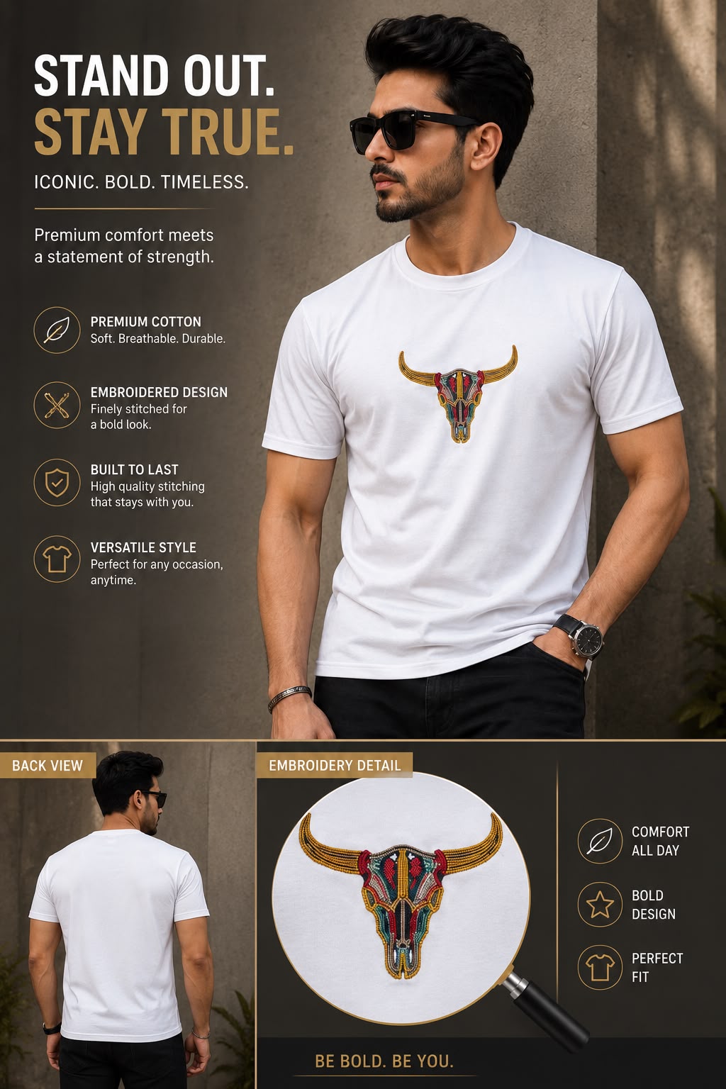 Black Cotton Regular Fit Bull Skull Embroidered T-Shirt for Men