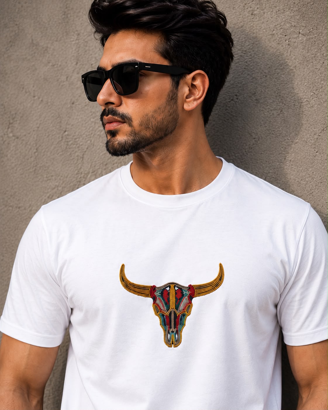 Black Cotton Regular Fit Bull Skull Embroidered T-Shirt for Men