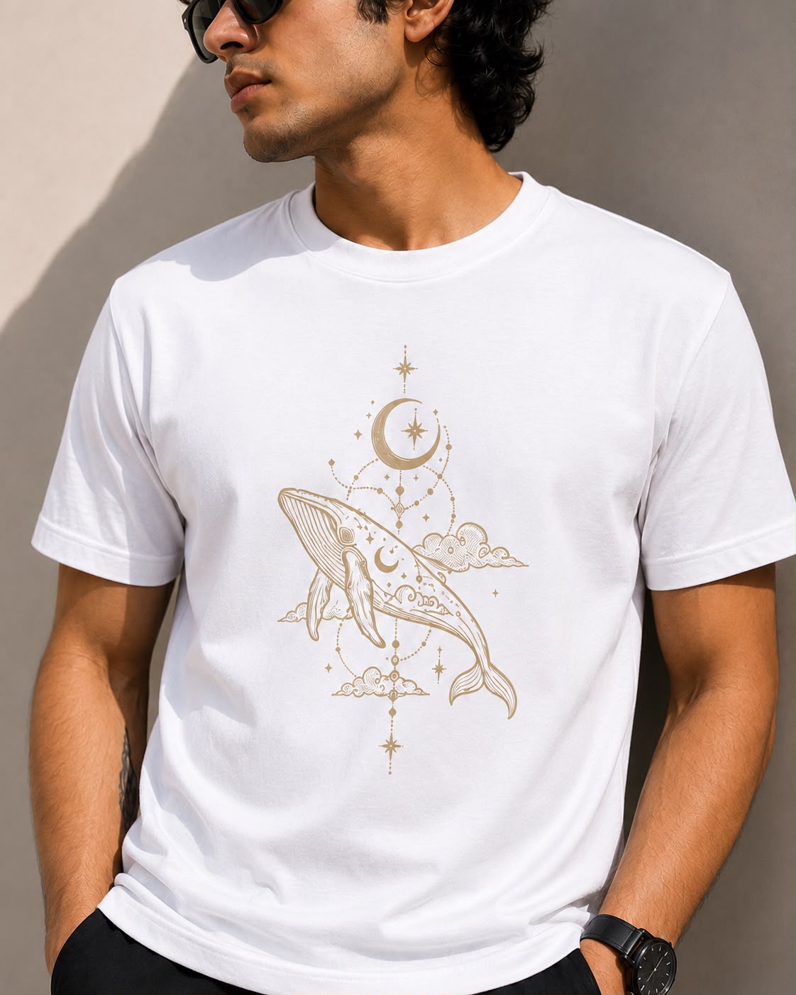 White Cotton Regular Fit Dolphin Moon Embroidered T-Shirt for Men