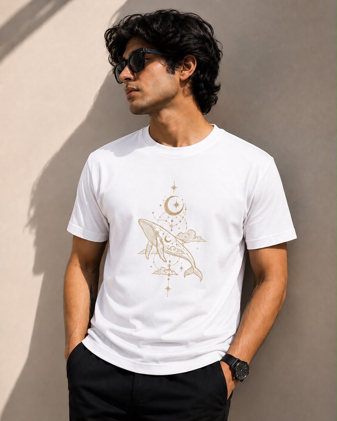 White Cotton Regular Fit Dolphin Moon Embroidered T-Shirt for Men