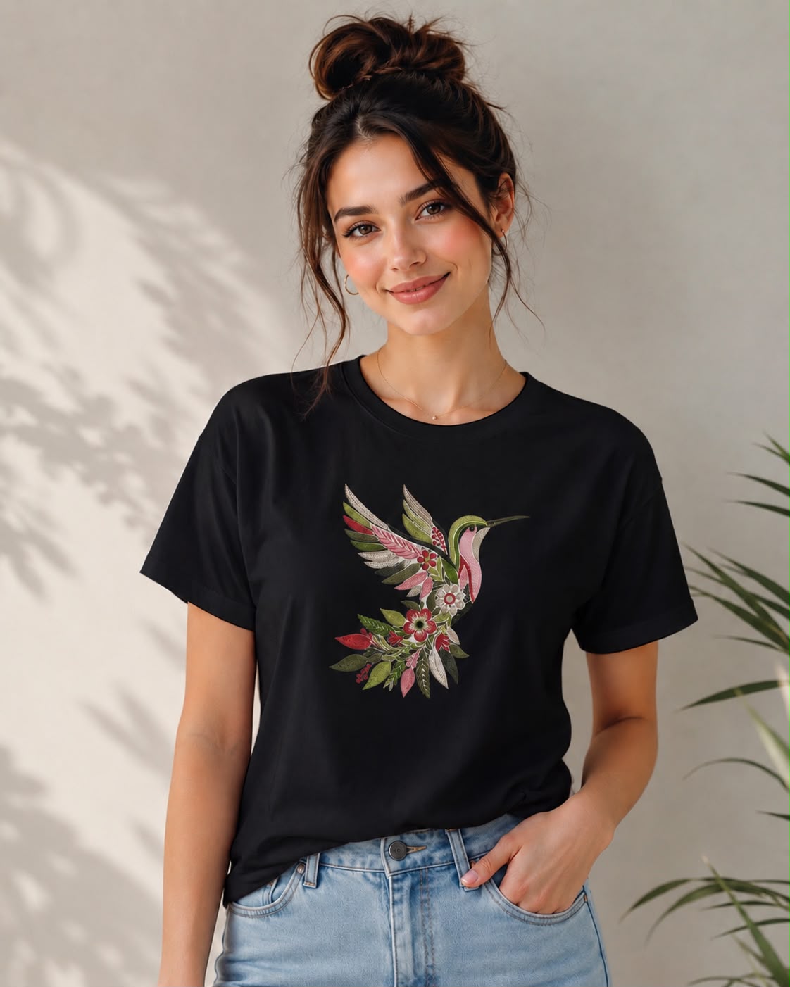 White Cotton Regular Fit Floral bird Embroidered T-Shirt for Women