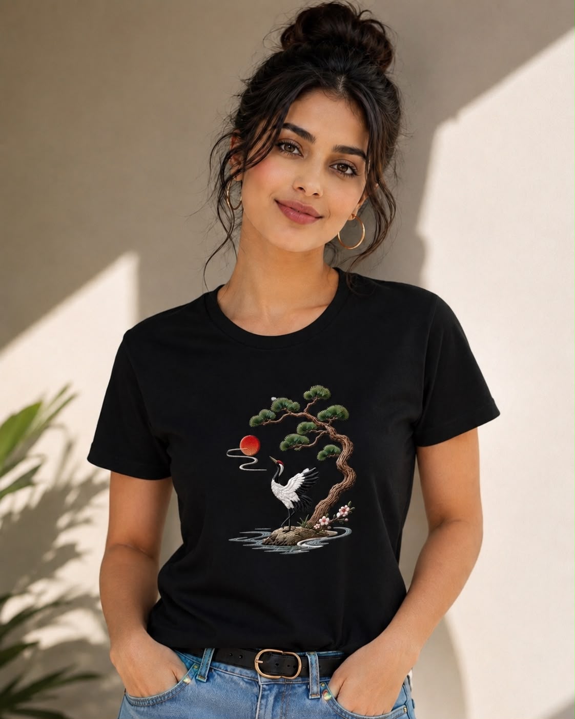 White Cotton Regular Fit Japanese Crane & Bonsai Embroidered T-Shirt for Women