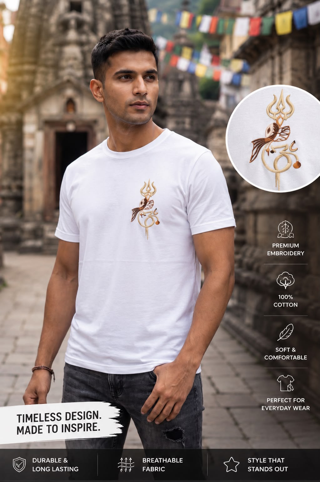 Black Cotton Regular Fit Om Trishul Embroidered T-Shirt for Men