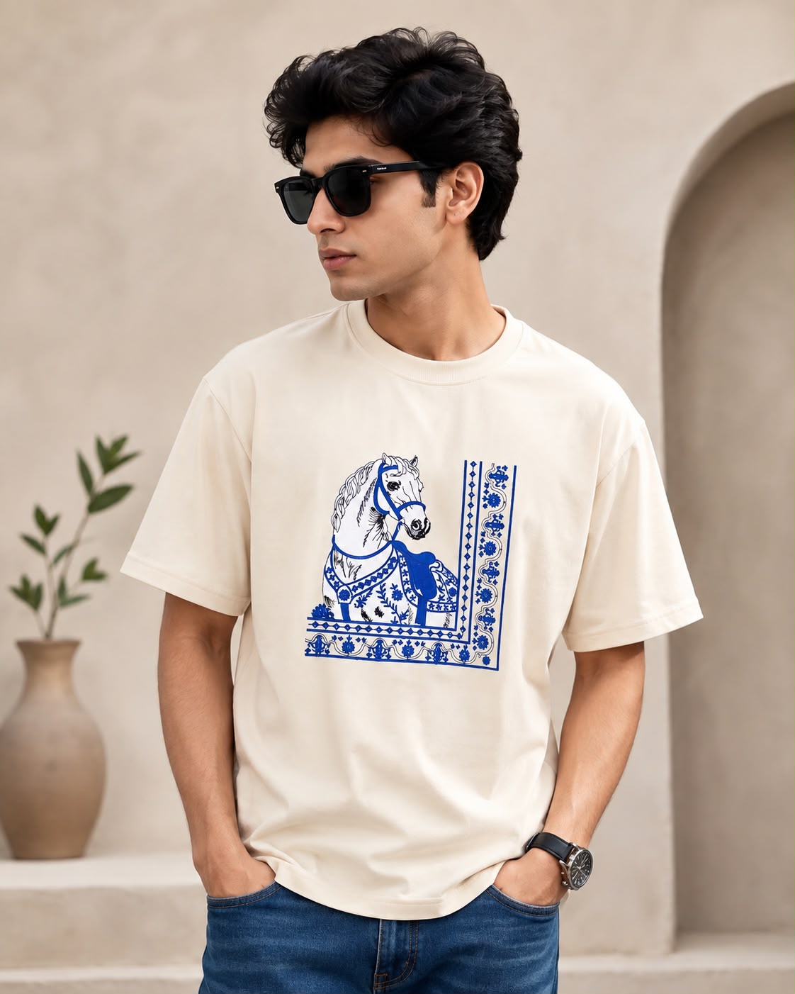 White Cotton Regular Fit Royal Blue Horse Embroidered T-Shirt for Men