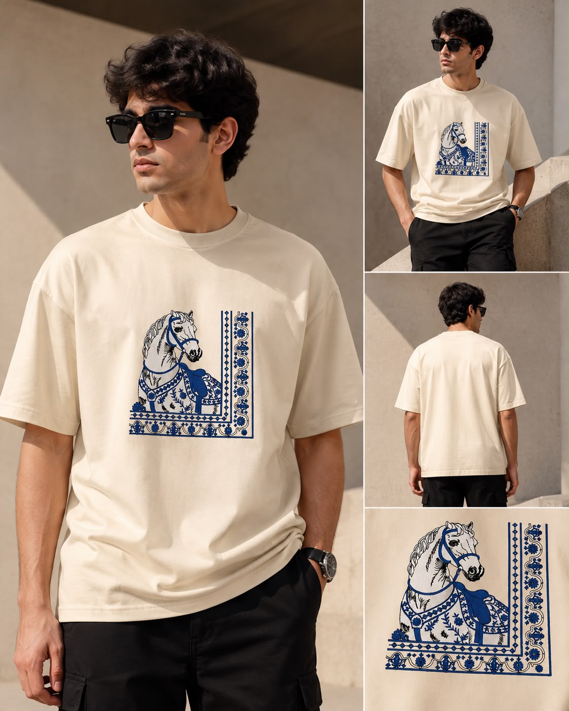 White Cotton Regular Fit Royal Blue Horse Embroidered T-Shirt for Men