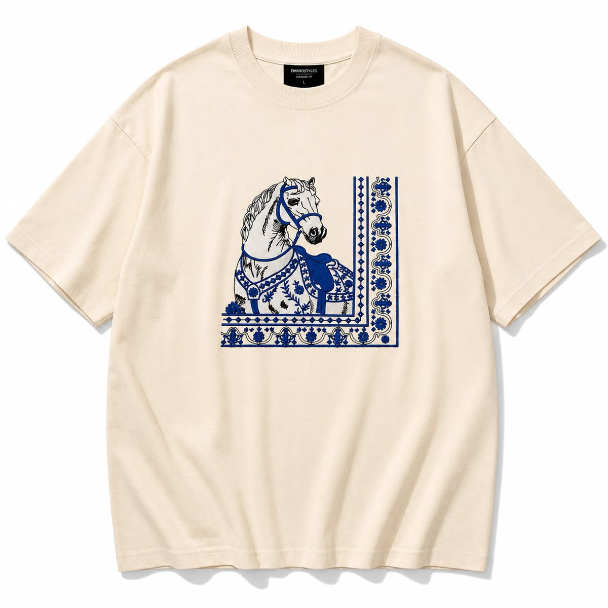 White Cotton Regular Fit Royal Blue Horse Embroidered T-Shirt for Men