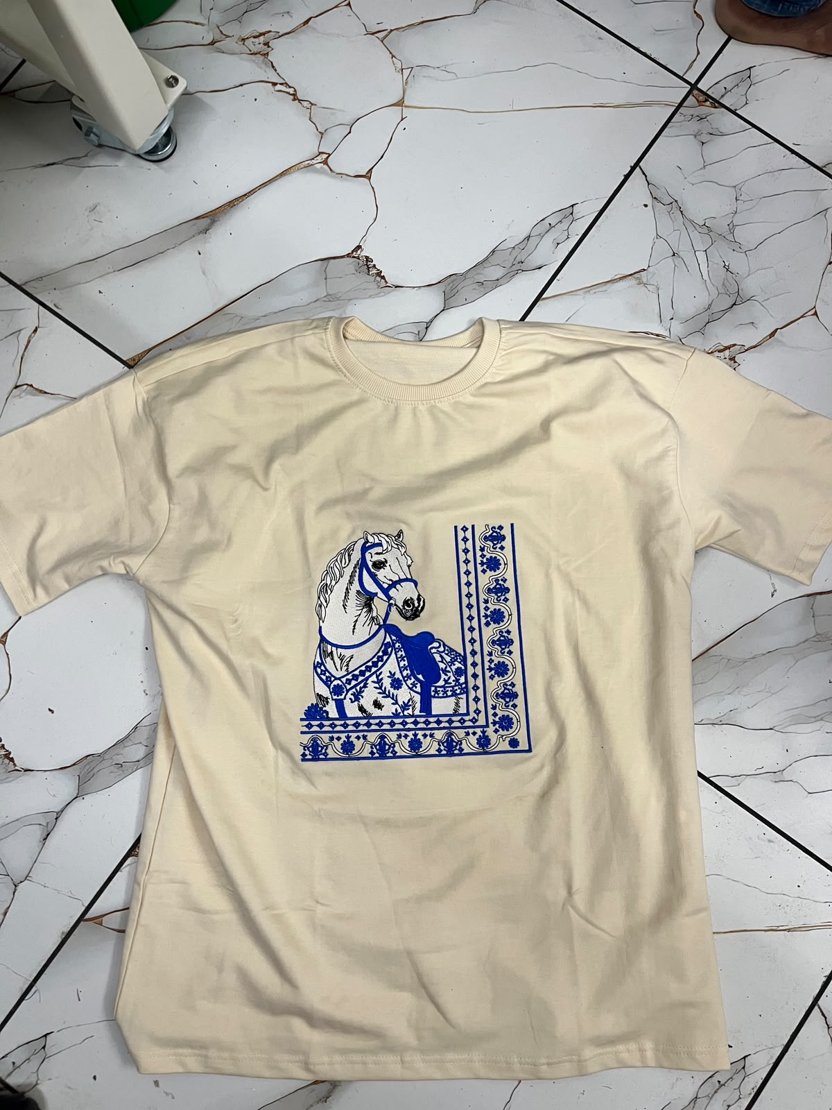 White Cotton Regular Fit Royal Blue Horse Embroidered T-Shirt for Men