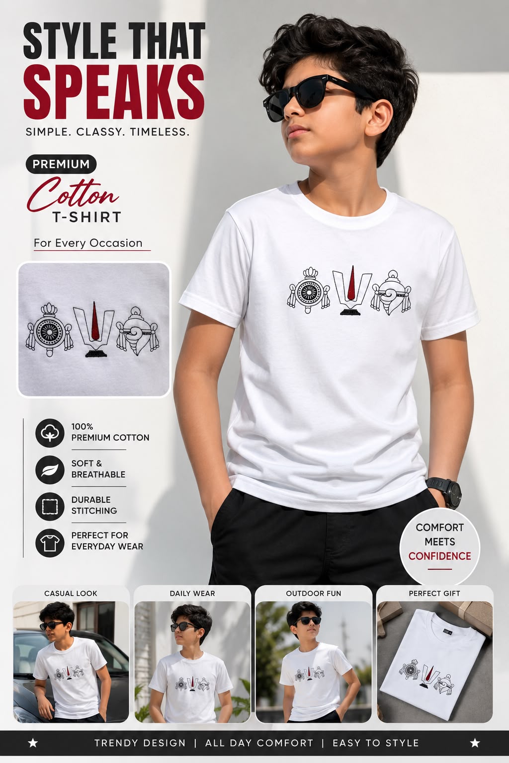 Black Cotton Regular Fit Govinda Embroidered T-Shirt for Men