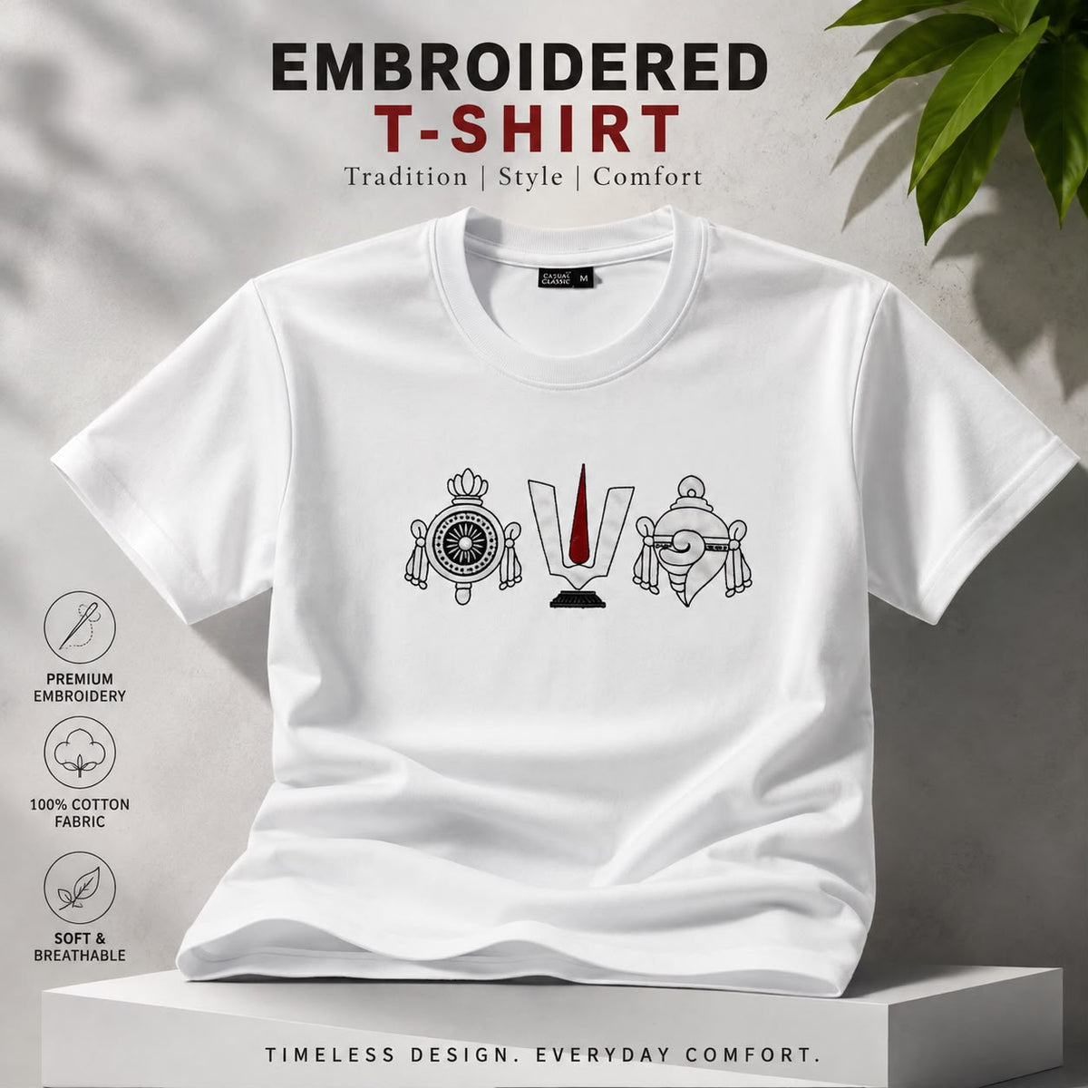 Black Cotton Regular Fit Govinda Embroidered T-Shirt for Men