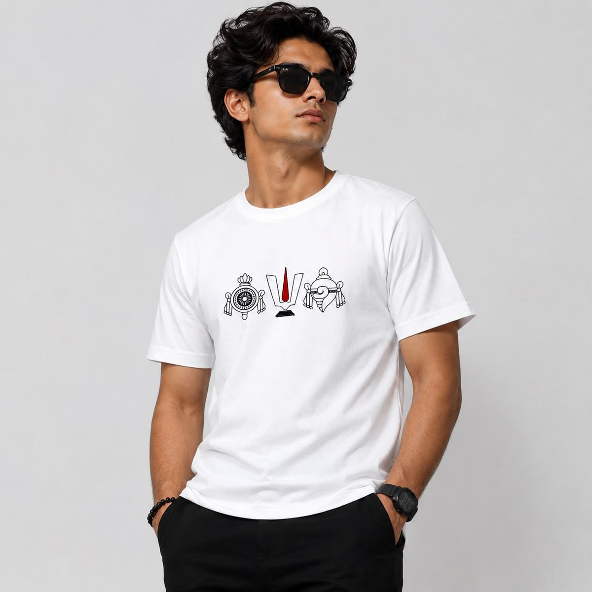 Black Cotton Regular Fit Govinda Embroidered T-Shirt for Men