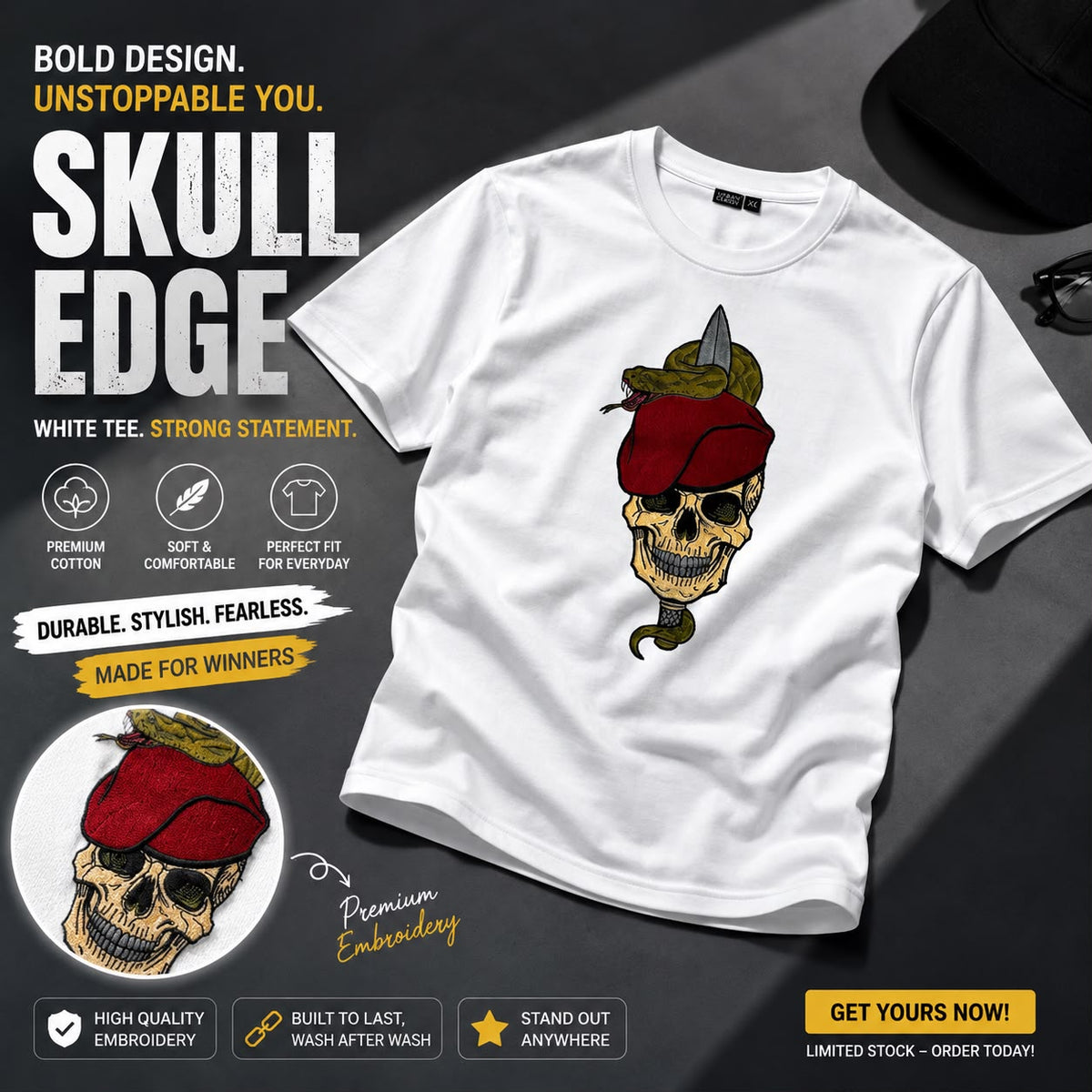 Black Skull & Serpent Graphic Embroidered T-Shirt for Men