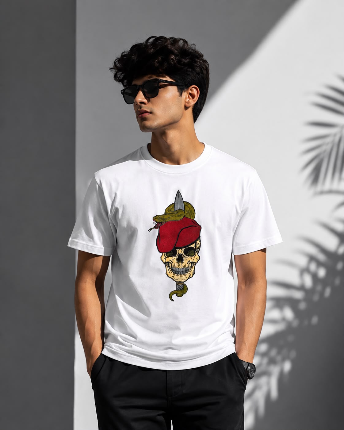 Black Skull & Serpent Graphic Embroidered T-Shirt for Men