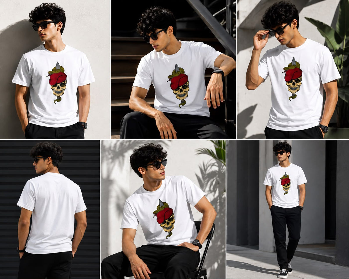 Black Skull & Serpent Graphic Embroidered T-Shirt for Men