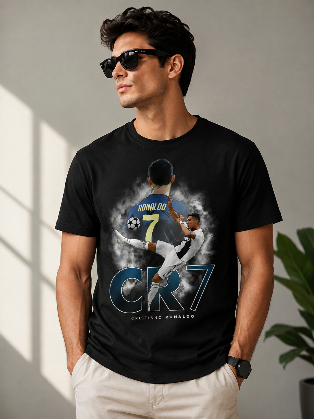 Black Cotton Regular Fit Ronaldo Digital Print T-Shirt for Men