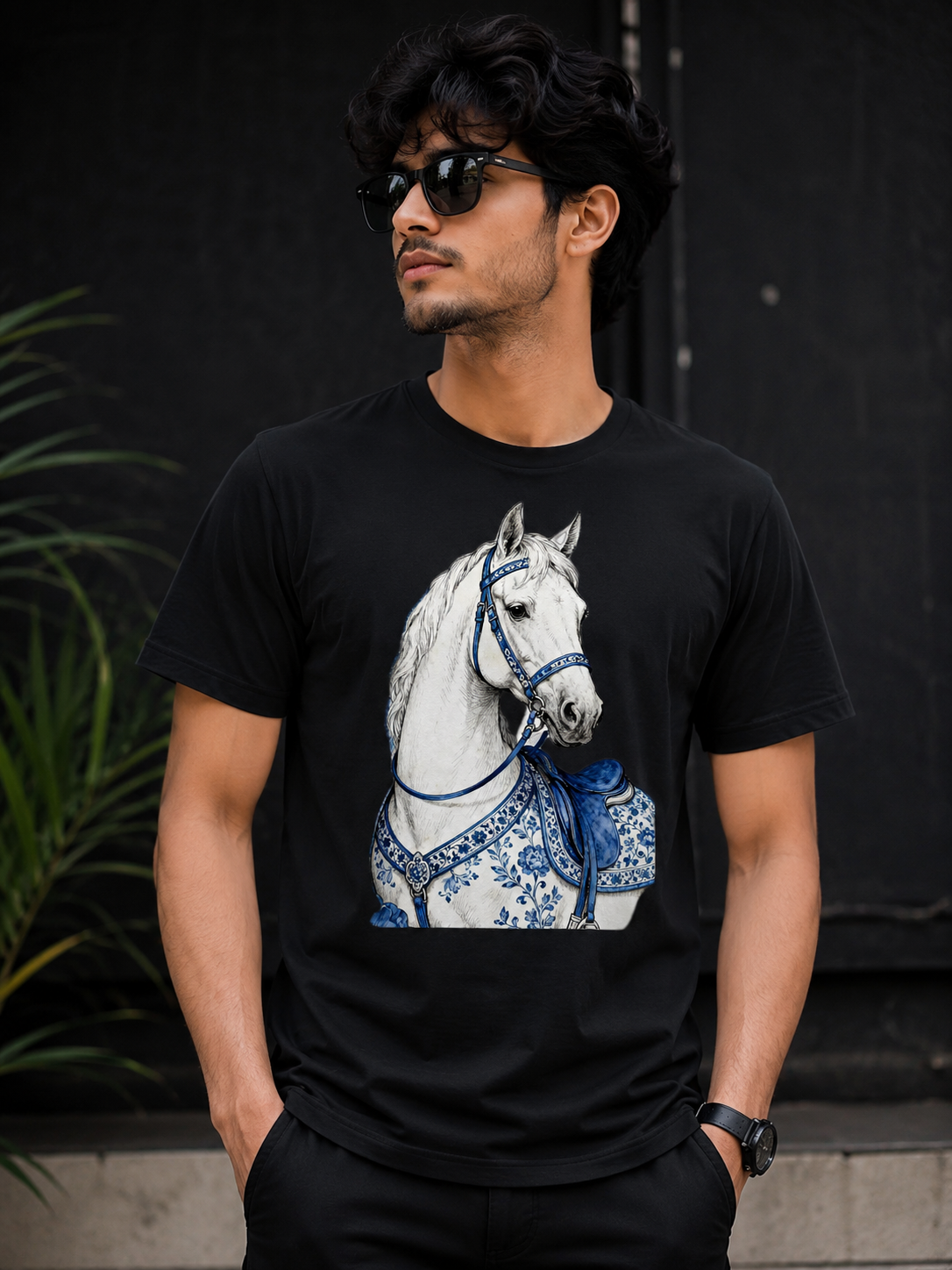 Black Cotton Regular Fit Royal Black Horse Digital Print T-Shirt for Men