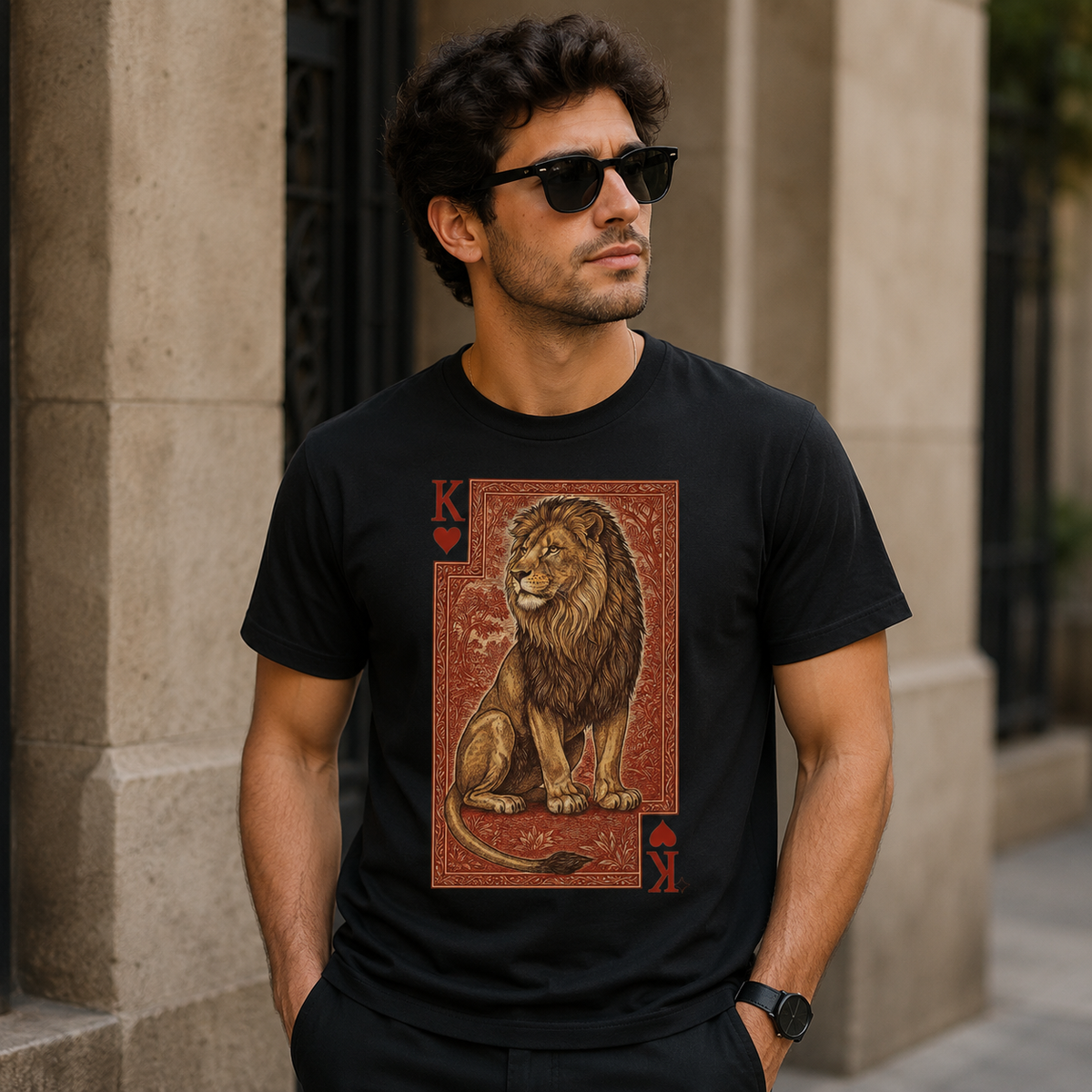 Black Cotton Regular Fit Royal Lion Digital Print T-Shirt for Men