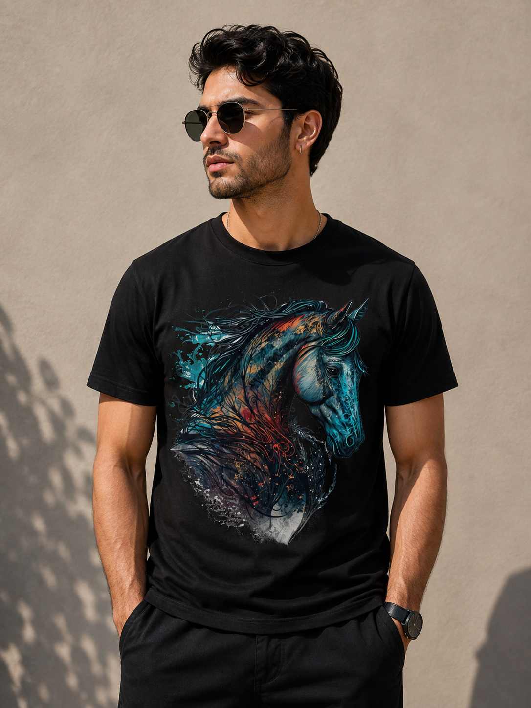 White Cotton Regular Fit Royal Black Horse Digital Print T-Shirt for Men