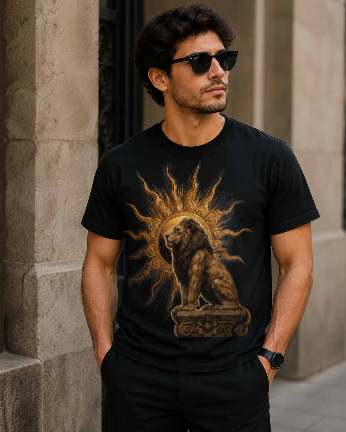 Black Cotton Regular Fit Royal Lion Digital Print T-Shirt for Men