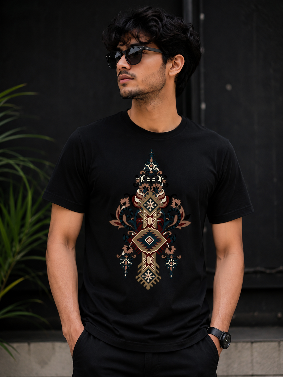 Black Cotton Regular Fit Mandla Art Digital Print T-Shirt for Men