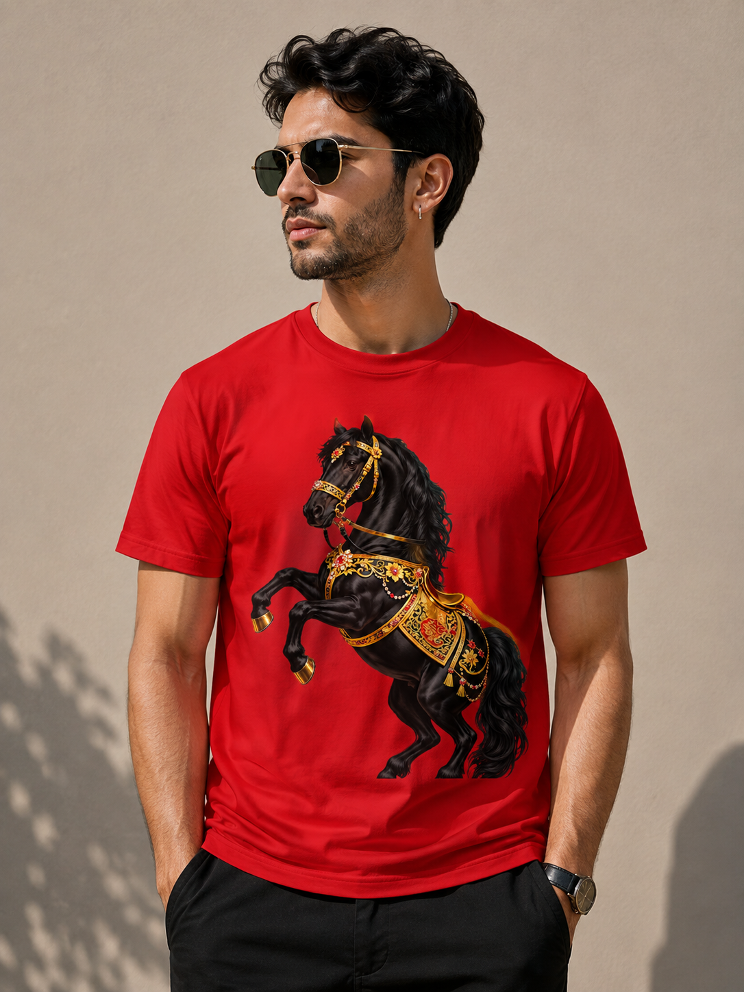 Black Cotton Regular Fit Royal Black Horse Digital Print T-Shirt for Men