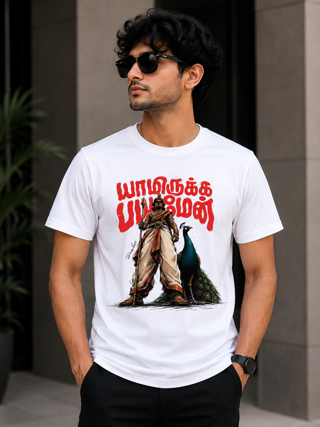 White Cotton Regular Fit Murgan Digital Print T-Shirt for Men