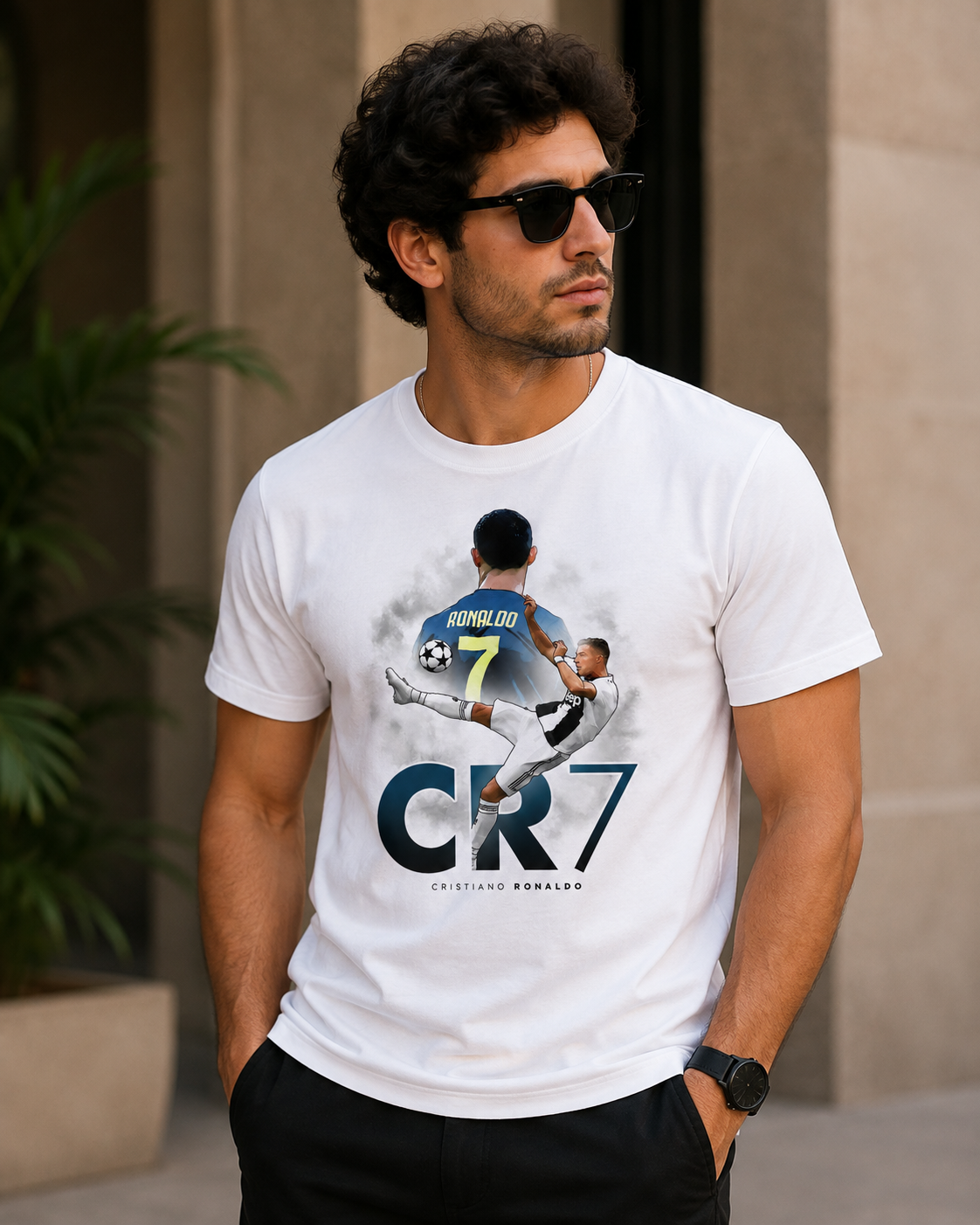 Black Cotton Regular Fit Ronaldo Digital Print T-Shirt for Men