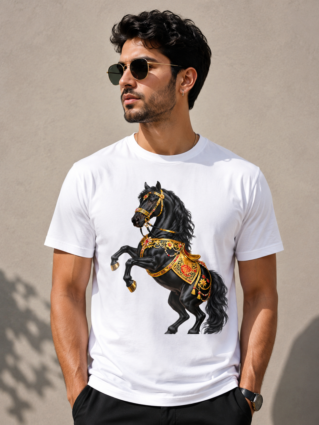Black Cotton Regular Fit Royal Black Horse Digital Print T-Shirt for Men