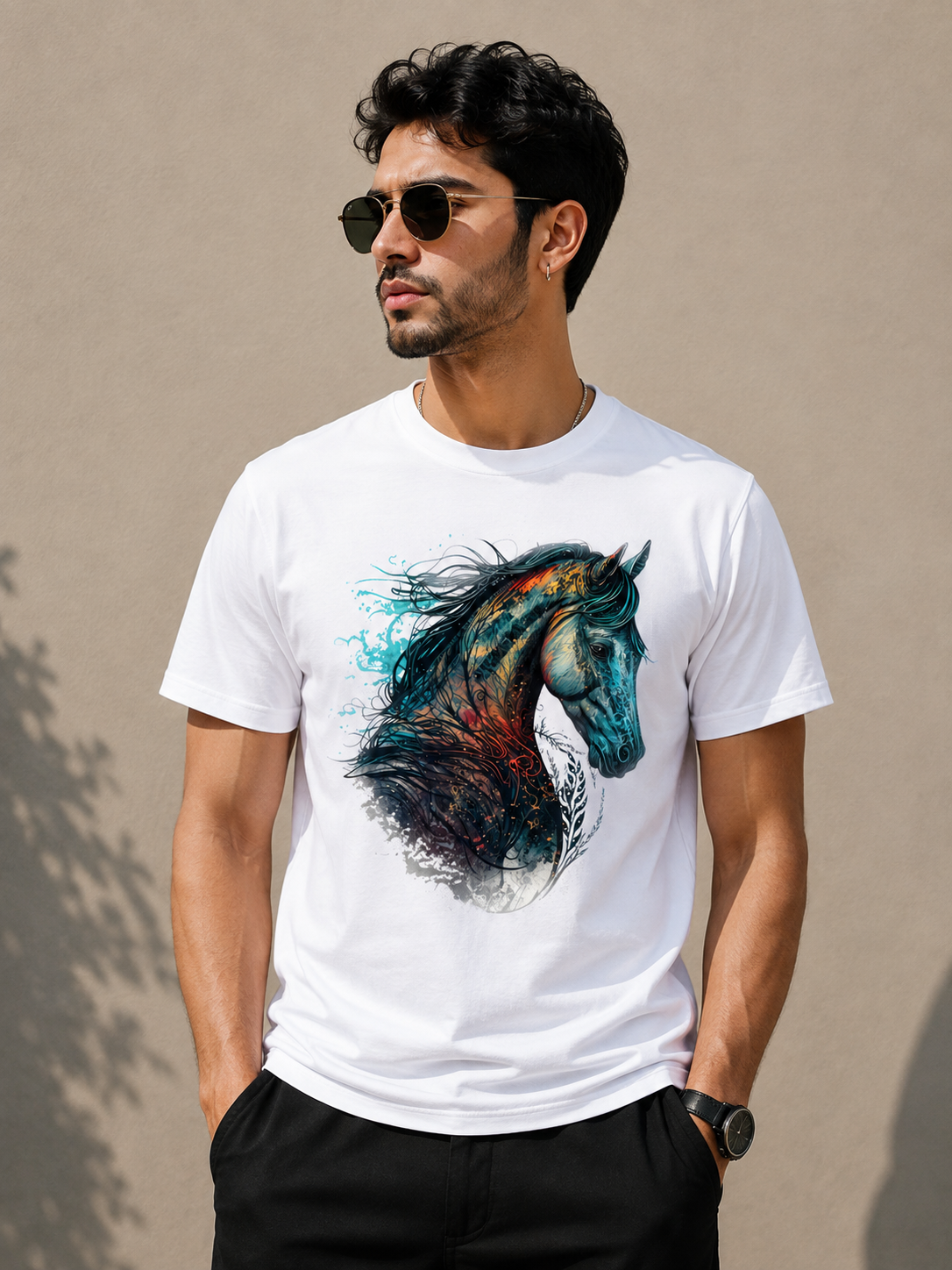 White Cotton Regular Fit Royal Black Horse Digital Print T-Shirt for Men