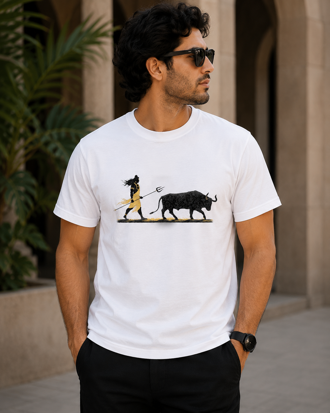 White Cotton Regular Fit Lord Shiva and Nandi Digital Print T-Shirt for Men