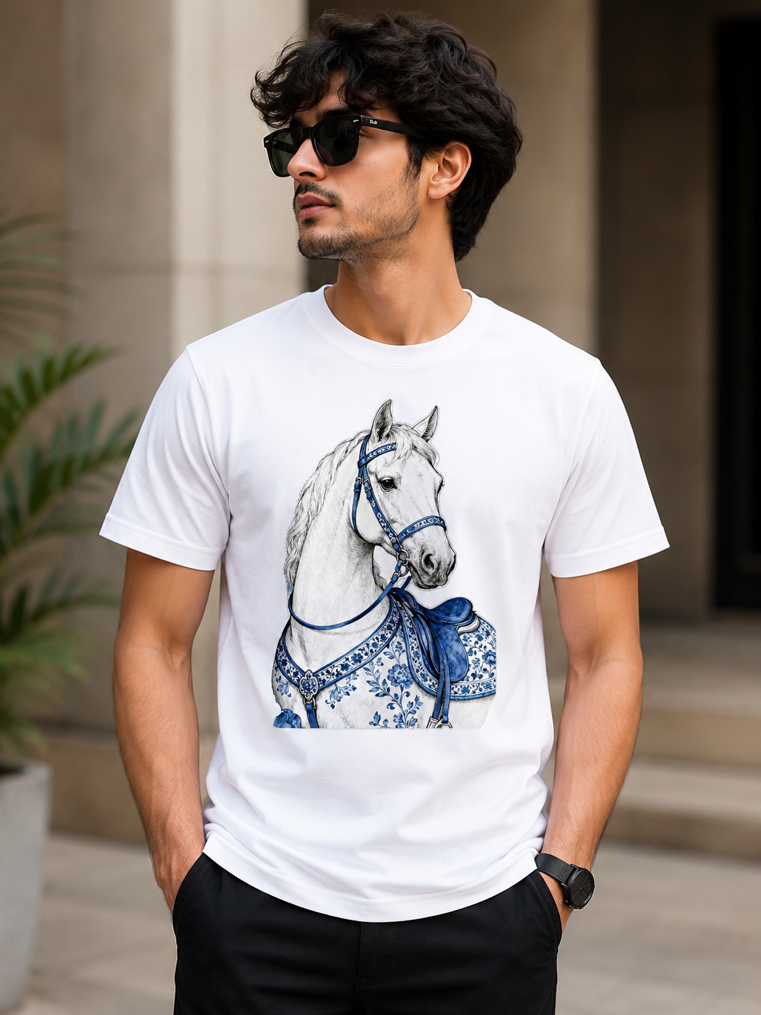 Black Cotton Regular Fit Royal Black Horse Digital Print T-Shirt for Men