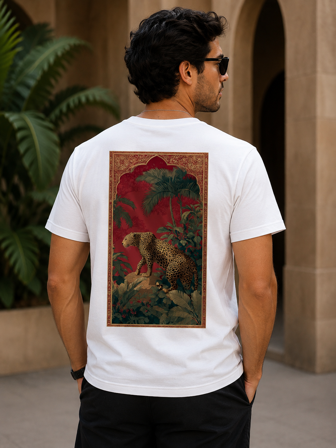 White Cotton Regular Fit Leopard Jungle Digital Print T-Shirt for Men